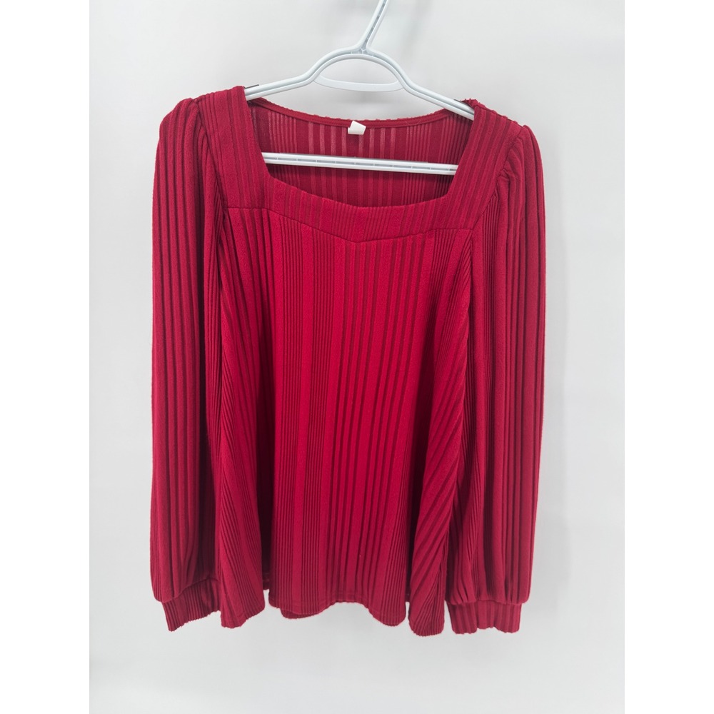 Modlily Red Ribbed Knit Top Square Neck Long Sleeve Blouse Womens Size L
